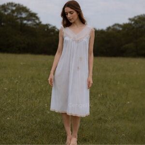 Vintage 50s 60s Aristocraft Sheer Blue Embroidered V-Neck Nightgown M